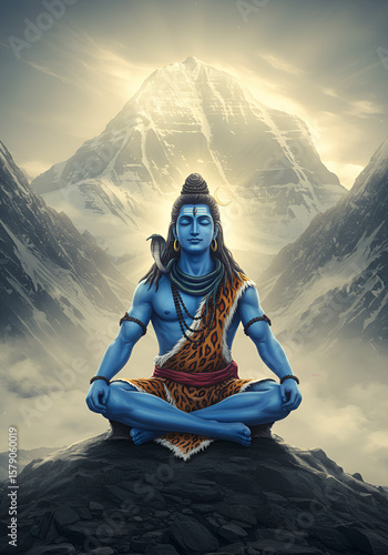 Artistic Depiction of Seated Shiva with Mount Kailash Mountain Background