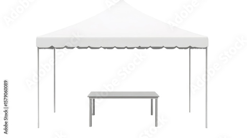 Title: Minimalist White Showcase Display Tent with Table Isolated on Clean White Background