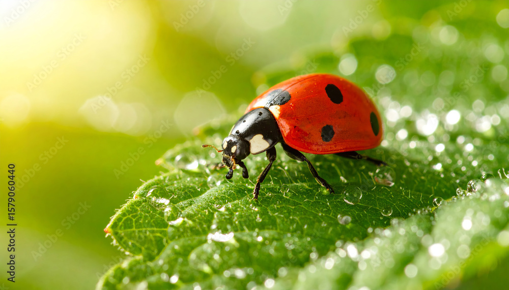 Obraz premium Macro Shot of a Red Ladybug on Dewy Green Leaf in Morning Light