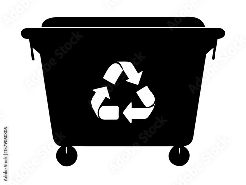 Transparent background: Black recycling bin silhouette with universal recycle symbol, advocating for environmental sustainability.

