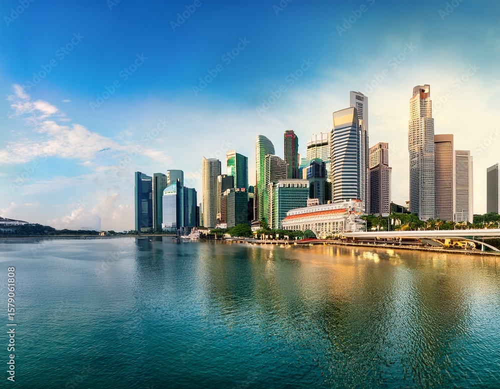 Naklejka premium singapore city skyline panorama financial district and marina bay