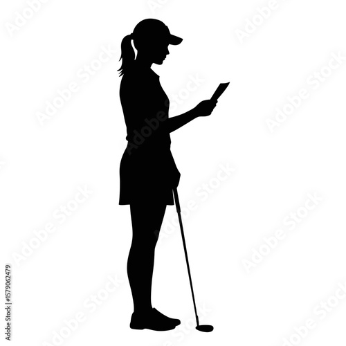 Silhouette of Golfer and Smartphone: A silhouette of a female golfer, deeply engrossed in her phone, stands on a green course, with her golf club by her side. A moment of technology-infused sport.