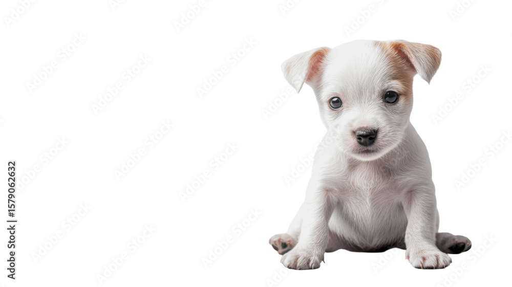 Title: Charming White Terrier Puppy Sitting Calmly on Clean White Background in Studio Light Setting Title: Charming White Terrier Puppy Sitting Calmly on Clean White Background in Studio Light Setting
