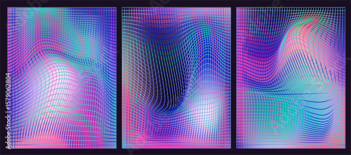 Vector illustration in abstract, op-art style, featuring wavy lines and vibrant gradients. The theme is movement and illusion, with blue, turquoise, pink, and purple colors forming dynamic shapes.