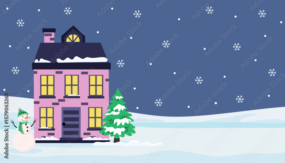 Fototapeta premium Vibrant pink house with snowman and tree in winter wonderland setting under starry night sky