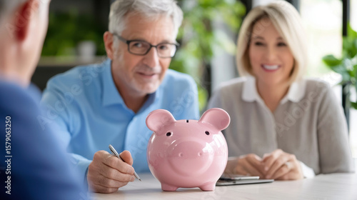 Financial advisor discussing savings with clients, featuring pink piggy bank on table, conveying trust and financial planning