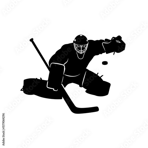 Hockey Goalie Silhouette: A dynamic silhouette of a hockey goalie in action, dramatically capturing the intensity and skill of the game. The goalie is depicted making a save.