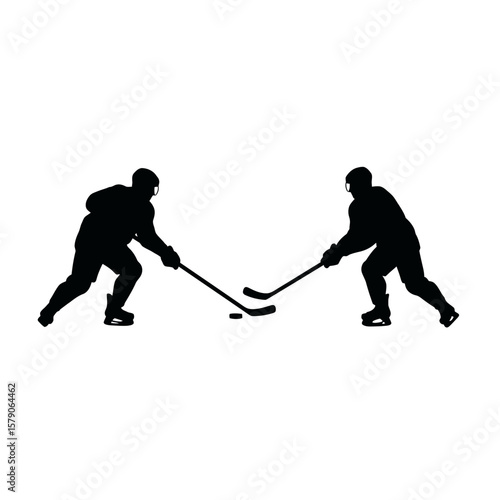 Silhouette Showdown: Two hockey players engage in a dynamic silhouette, competing fiercely over the puck, against a backdrop, embodying the intense spirit of the sport.