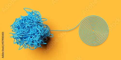 Fotografia Tangled blue wire knot or ball transforms to spiral over yellow background, chao