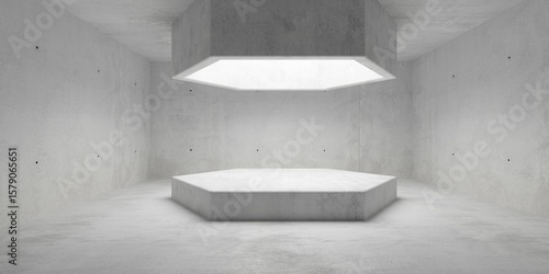 Obraz na plátne Abstract empty, modern concrete room with hexagonal light shaft and matching pod