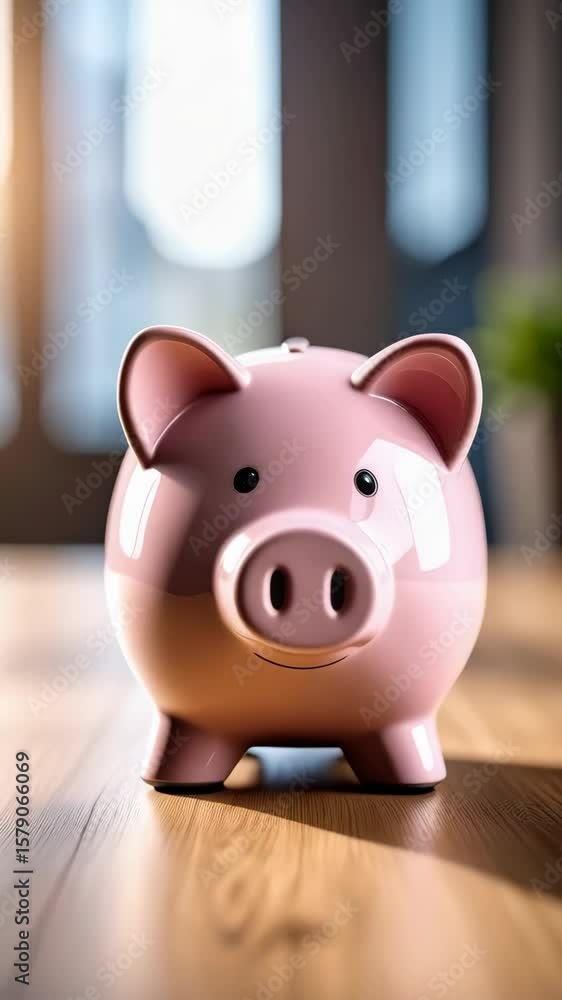 Pink piggy bank sitting on a polished wooden table in a softly lit room to represent savings and financial growth Pink piggy bank sitting on a polished wooden table in a softly lit room to represent savings and financial growth