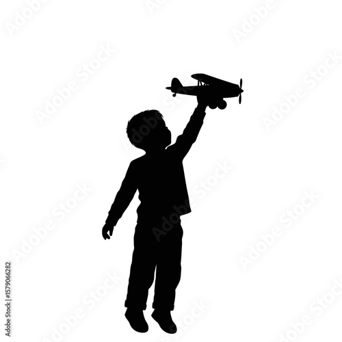 Soaring Dreams: Silhouette of a child reaching towards the sky, toy airplane in hand, symbolizing the spirit of adventure.