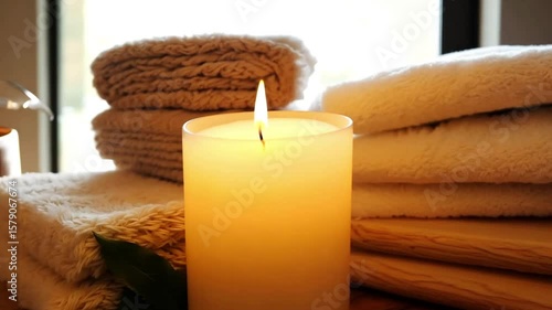 Peaceful spa setting featuring a glowing candle surrounded by soft brown towels creating a warm, relaxing atmosphere. Perfect for wellness, self-care, and therapeutic content with copy space