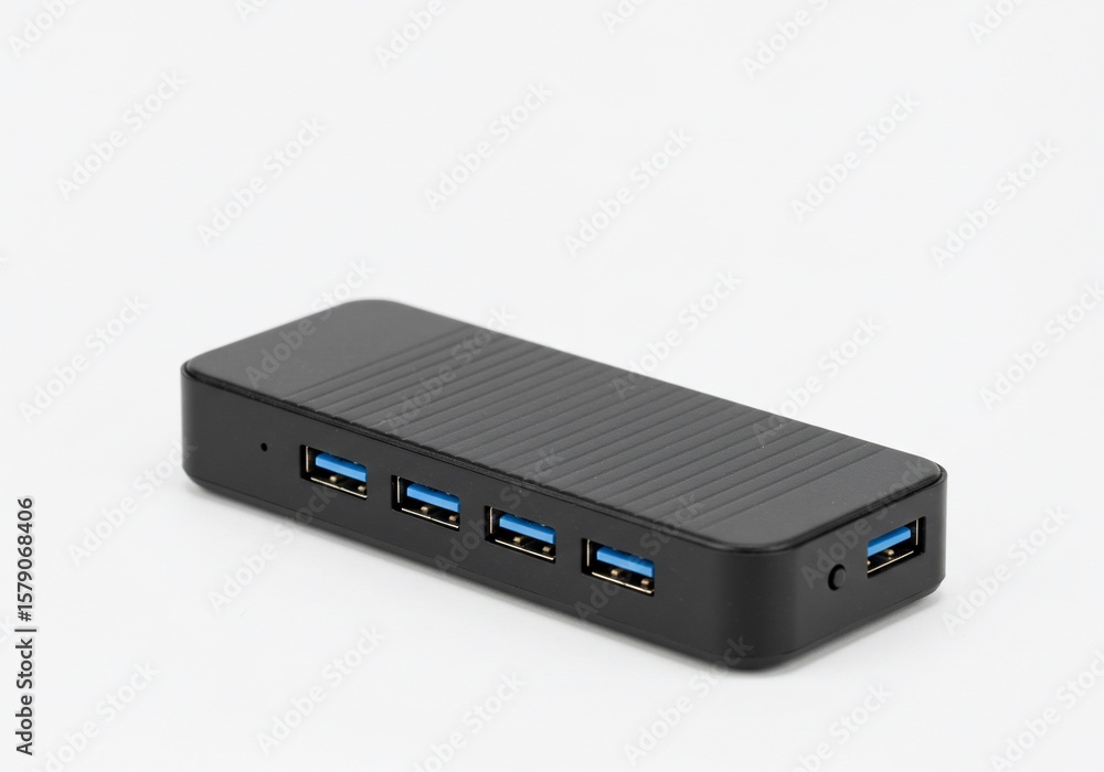 Black USB Hub with Four Ports and Ribbed Texture on a White Background Black USB Hub with Four Ports and Ribbed Texture on a White Background