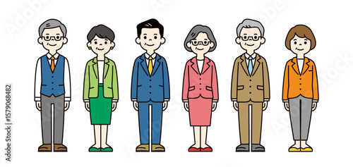 中高年の男女のビジネスパーソンの、カラフルな全身イラスト素材セット＿ベクター＿カラー