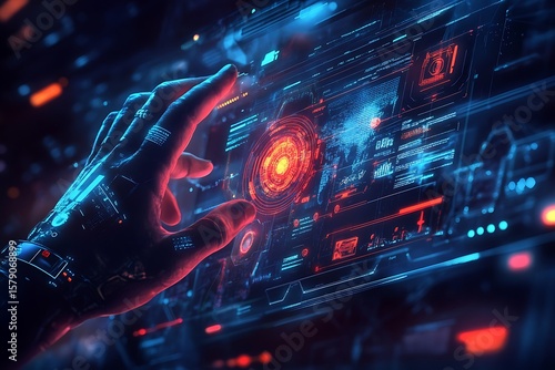 Wallpaper Mural Human hand interacting with a futuristic holographic interface displaying complex data and world map with glowing elements Torontodigital.ca