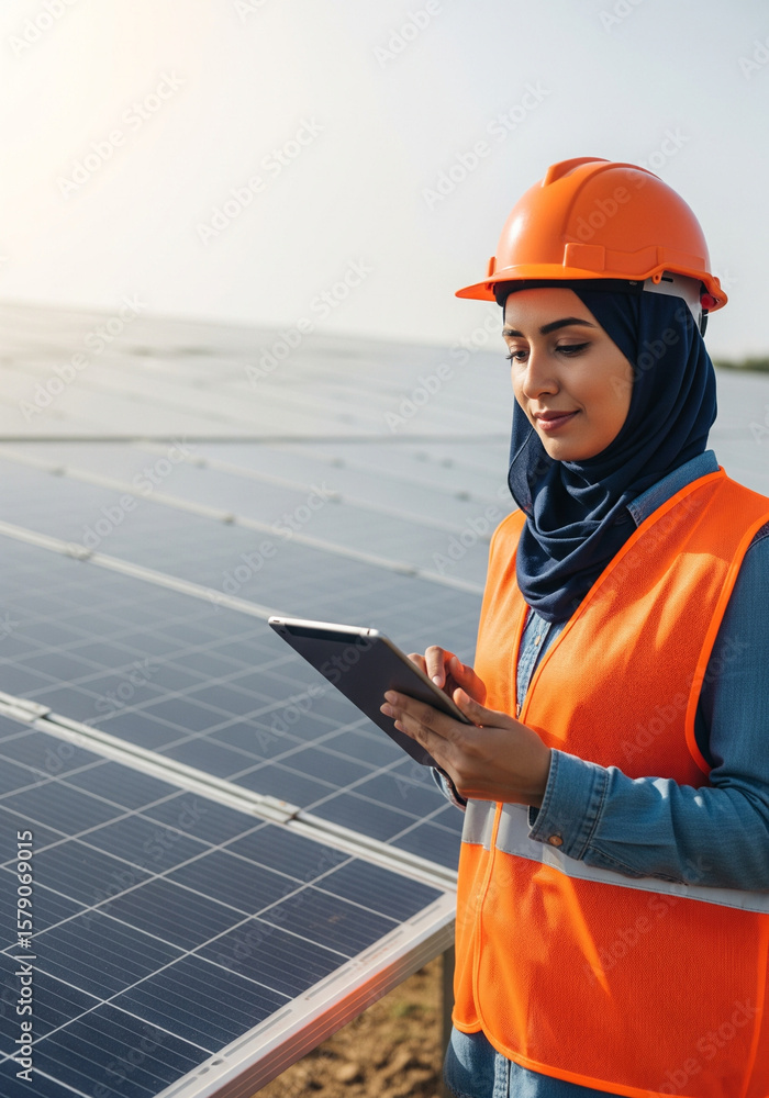 Obraz premium Engineer in Hijab Inspecting Solar Panels with Tablet for Clean Energy