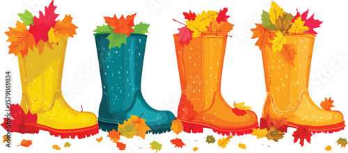 Colorful Rubber Boots Filled with Autumn Leaves Seamless Vector Illustration