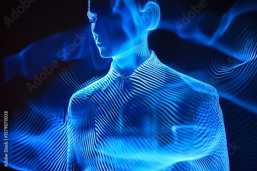 Abstract human form created with glowing blue light lines against a dark background representing technology and future