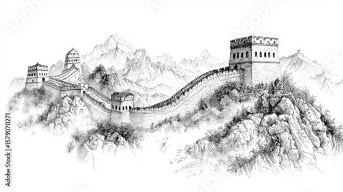 Great Wall of China is stunning architectural marvel, depicted in majestic ink drawing that captures its grandeur and historical significance