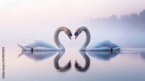 Fototapeta Naklejka Na Ścianę i Meble -  On a serene, foggy lake, two graceful swans mirror one another and form a heart shape with their necks.

