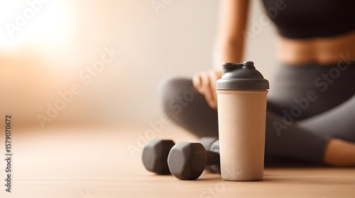 Close up of a woman in a gym sitting on the floor, protein shake