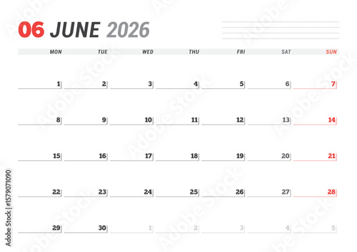 June 2026 Monthly Calendar Template streamlines business tasks with minimalist blank lines, perfect for planning sessions and workflow optimization in office settings, vector illustration