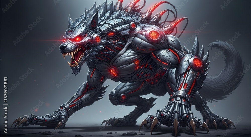 Fototapeta premium Fierce Cybernetic Wolf with Glowing Red Eyes and Mechanical Enhancements