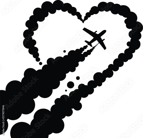 Airplane creating a heart shape with smoke trail silhouette isolated on transparent background