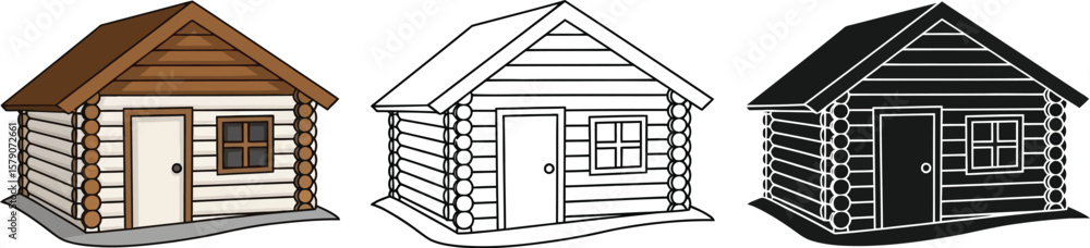 Fototapeta premium Log cabin illustrations: vector drawings of wooden house in color, outline, and silhouette styles editable