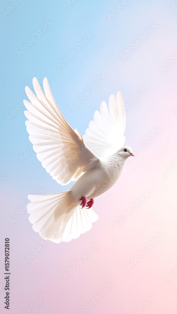 Fototapeta premium A white dove in flight against a soft pastel sky