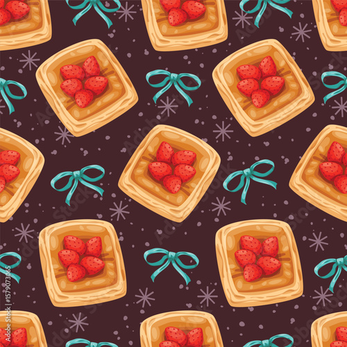 Seamless vector pattern of delicious strawberry danish pastries, blue bow and sparkles. Perfect for fabric, packaging, wrapping paper, wallpaper and fashion prints or food-themed designs.