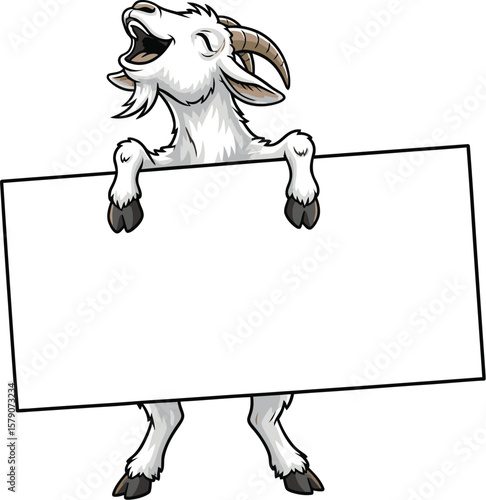 Cartoon goat holding blank sign vector illustration for farm animal graphic design and marketing material editable