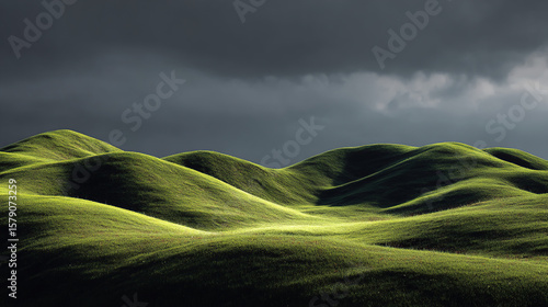 Fototapeta Naklejka Na Ścianę i Meble -  Green hills landscape stock photo for background wallpaper and nature photography inspiration