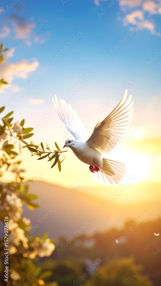 Obraz premium A white dove in flight, bathed in golden sunlight, over a blossoming tree and mountain range