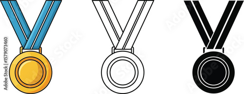 Vector medal illustration set gold outline black achievement award winner competition prize first place editable