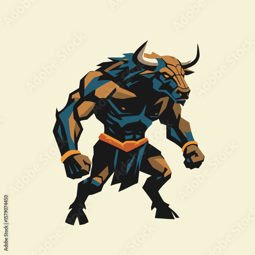 Abstract vector minotaur in geometric silhouette style, angular shapes with modern color scheme, artistic mythological concept