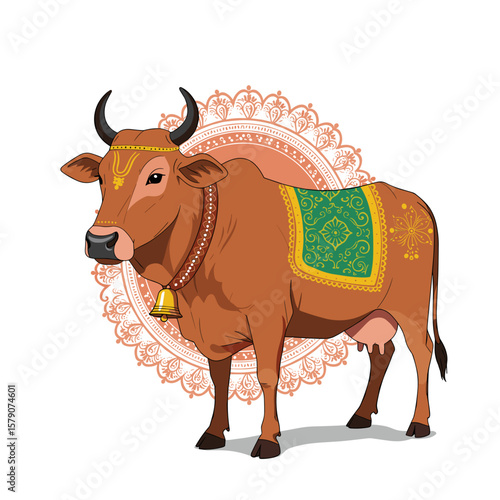 Sacred cow with traditional bell around neck, modern sleek flat vector design with bold saturated colors, geometric shapes, and crisp lines, vibrant cultural concept 