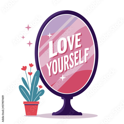 Modern sleek flat vector design of mirror with “Love Yourself” phrase inside reflection, vibrant bold colors, geometric shapes, self-love concept, clean background