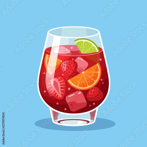 Sangria glass with floating citrus slices, strawberries, and ice cubes, flat vector illustration in vibrant summer colors, refreshing fruit drink concept