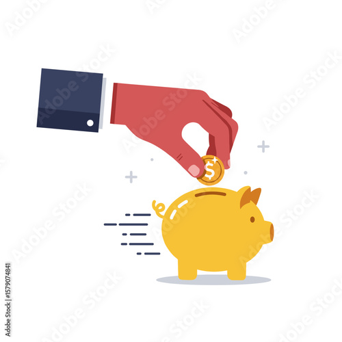 Hand mid-motion putting coin into piggy bank, dynamic and modern, flat vector artwork with motion lines, stylized shadows, and clean white background