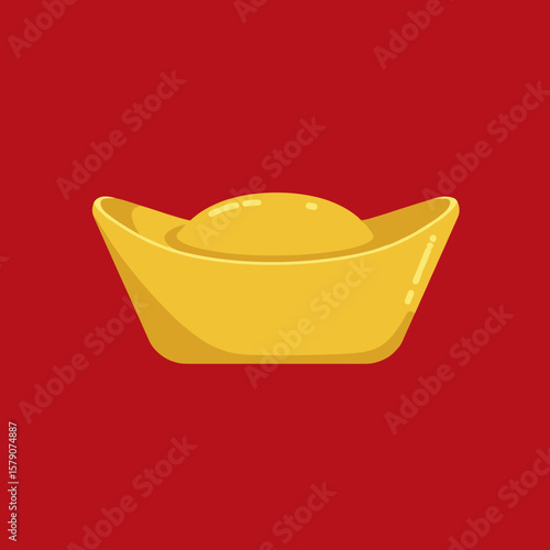 Yuan bao gold ingot on red background with decorative pattern, flat vector illustration symbolizing prosperity in minimalist style