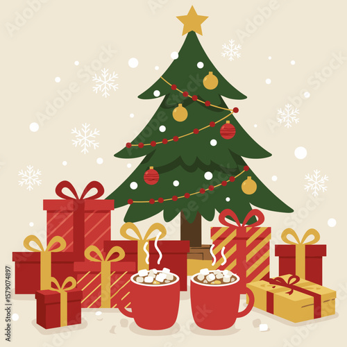 Gift boxes, decorated tree, snowflakes, and two mugs of hot chocolate, flat vector illustration with cozy festive palette of reds and golds, cheerful holiday scene