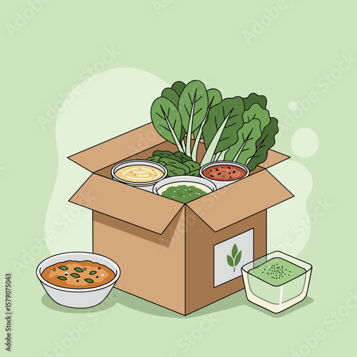 Vegan food delivery box with plant-based meals, calm and minimal, soft green background, sustainable lifestyle concept 