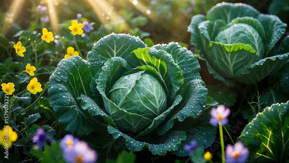 Obraz premium Cabbage in garden with flowers and dew drops