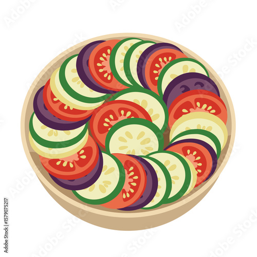 Spiral-sliced ratatouille in artistic flat vector bowl, bold colorful vegetables, minimal design with clean white background