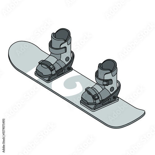 Isometric vector illustration of a snowboard with mounted boots and detailed bindings, flat color style with subtle shadows on white background