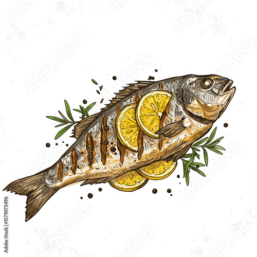 Grilled fish with lemon and herbs, hand-drawn rustic vector illustration in muted tones on white or kraft background