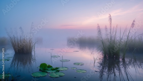 Foggy lake with lily pads and grass at dawn