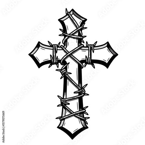 Cross wrapped in barbed wire, tattoo-style vector design with bold black outlines, symbolic and edgy artwork for ink or graphic use